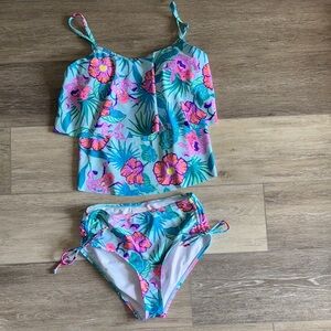 Pink and Blue Ruffled Bikini with Tropical Floral Design
